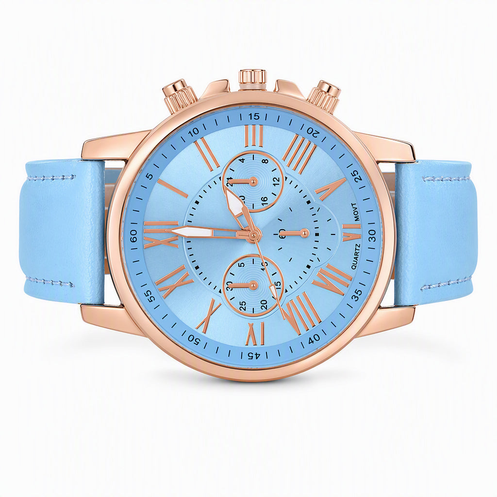 ⌚✨ Timeless Elegance Women’s Quartz Watch – Three-Eye Dial with Classic Leather Strap
