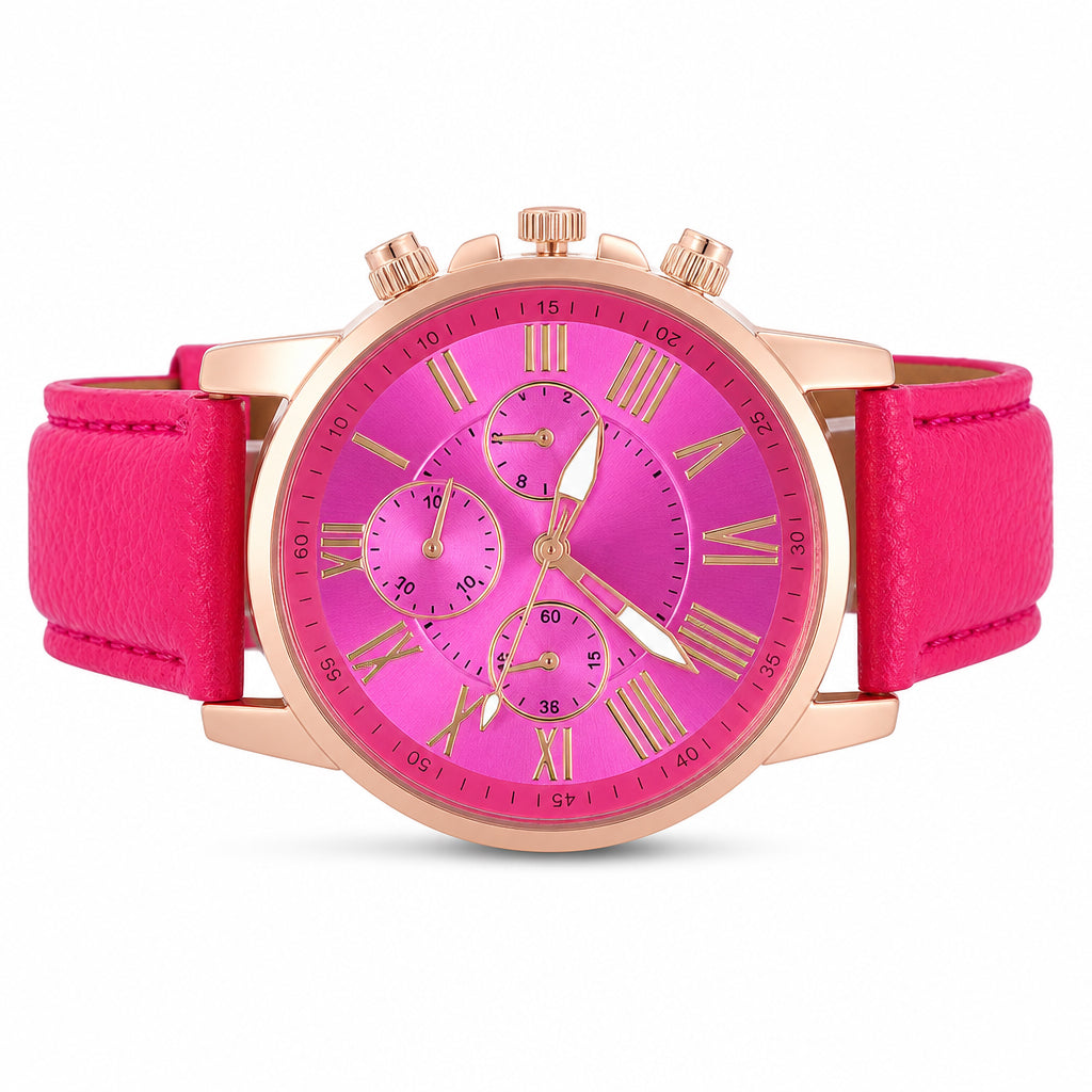 ⌚✨ Timeless Elegance Women’s Quartz Watch – Three-Eye Dial with Classic Leather Strap