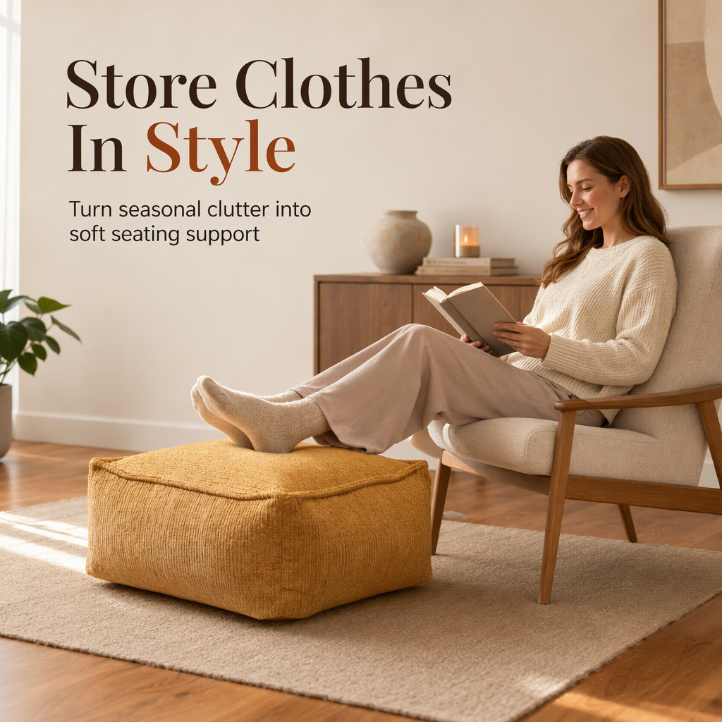 CozySpace Fill-Your-Own Storage Ottoman Cover – Square Pouf Footrest with Wide Zipper, Hidden Blanket & Clothing Storage, 10 Stylish Designs