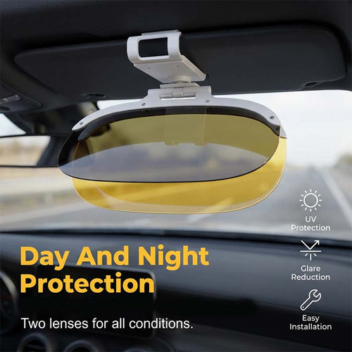 ClearView 2-in-1 Day & Night Anti-Glare Car Visor – 360° Adjustable Dual-Lens Sun Shield, Easy Clip-On Driving Accessory