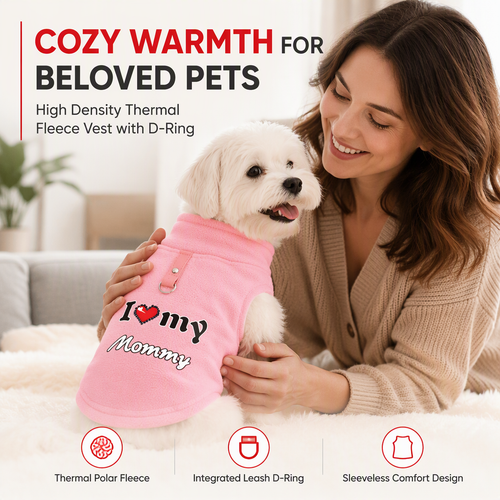 Little Love Cozy Plush Dog Vest – Warm Sleeveless Pet Sweater with Built-In Leash Ring, Cute Love Daddy & Mommy Designs