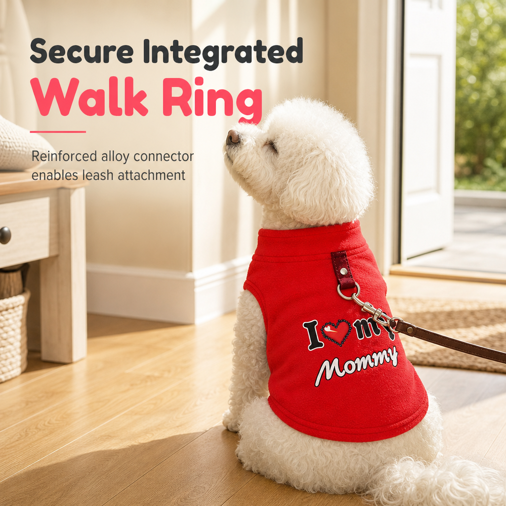 Little Love Cozy Plush Dog Vest – Warm Sleeveless Pet Sweater with Built-In Leash Ring, Cute Love Daddy & Mommy Designs