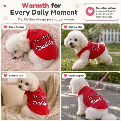 Little Love Cozy Plush Dog Vest – Warm Sleeveless Pet Sweater with Built-In Leash Ring, Cute Love Daddy & Mommy Designs