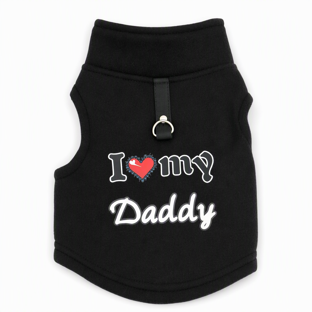 Little Love Cozy Plush Dog Vest – Warm Sleeveless Pet Sweater with Built-In Leash Ring, Cute Love Daddy & Mommy Designs