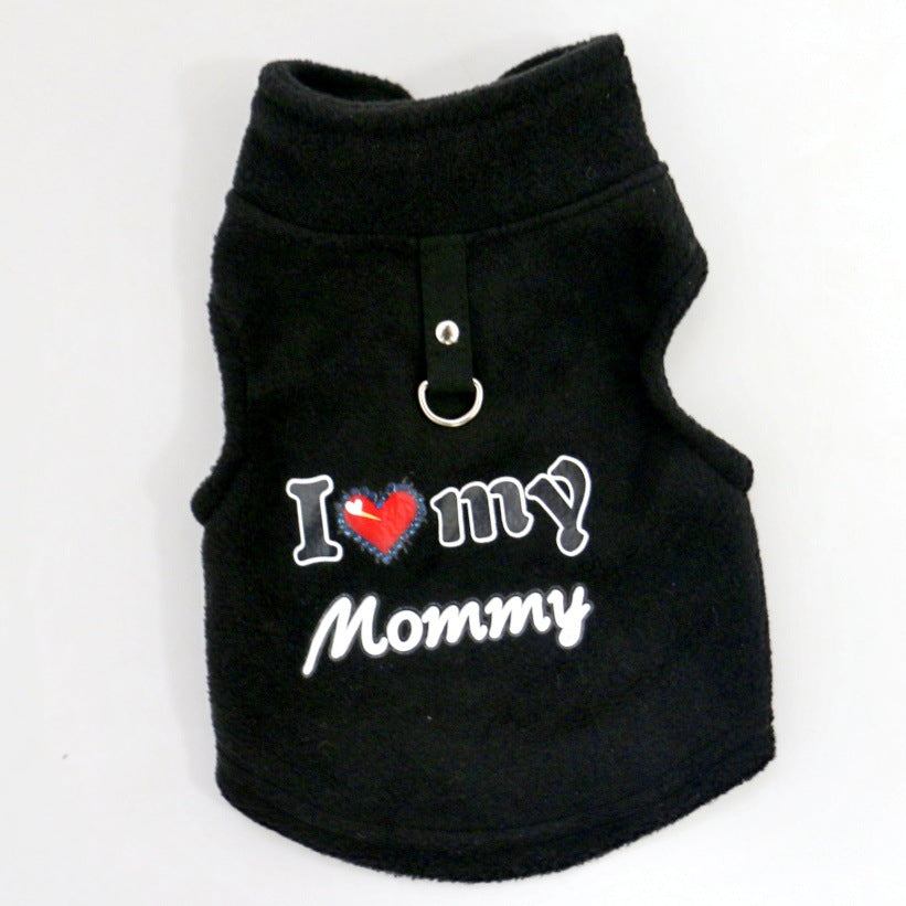 Little Love Cozy Plush Dog Vest – Warm Sleeveless Pet Sweater with Built-In Leash Ring, Cute Love Daddy & Mommy Designs
