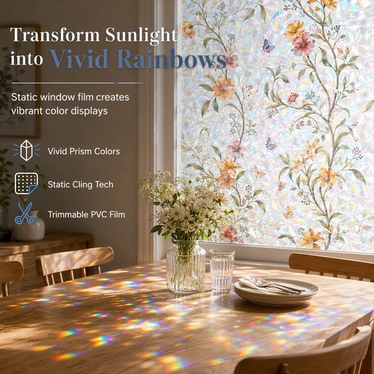 Enchanted Magnolia Rainbow Window Film – Colorful Floral Stained Glass Effect, No-Glue Static Cling Privacy Decor for Home Windows