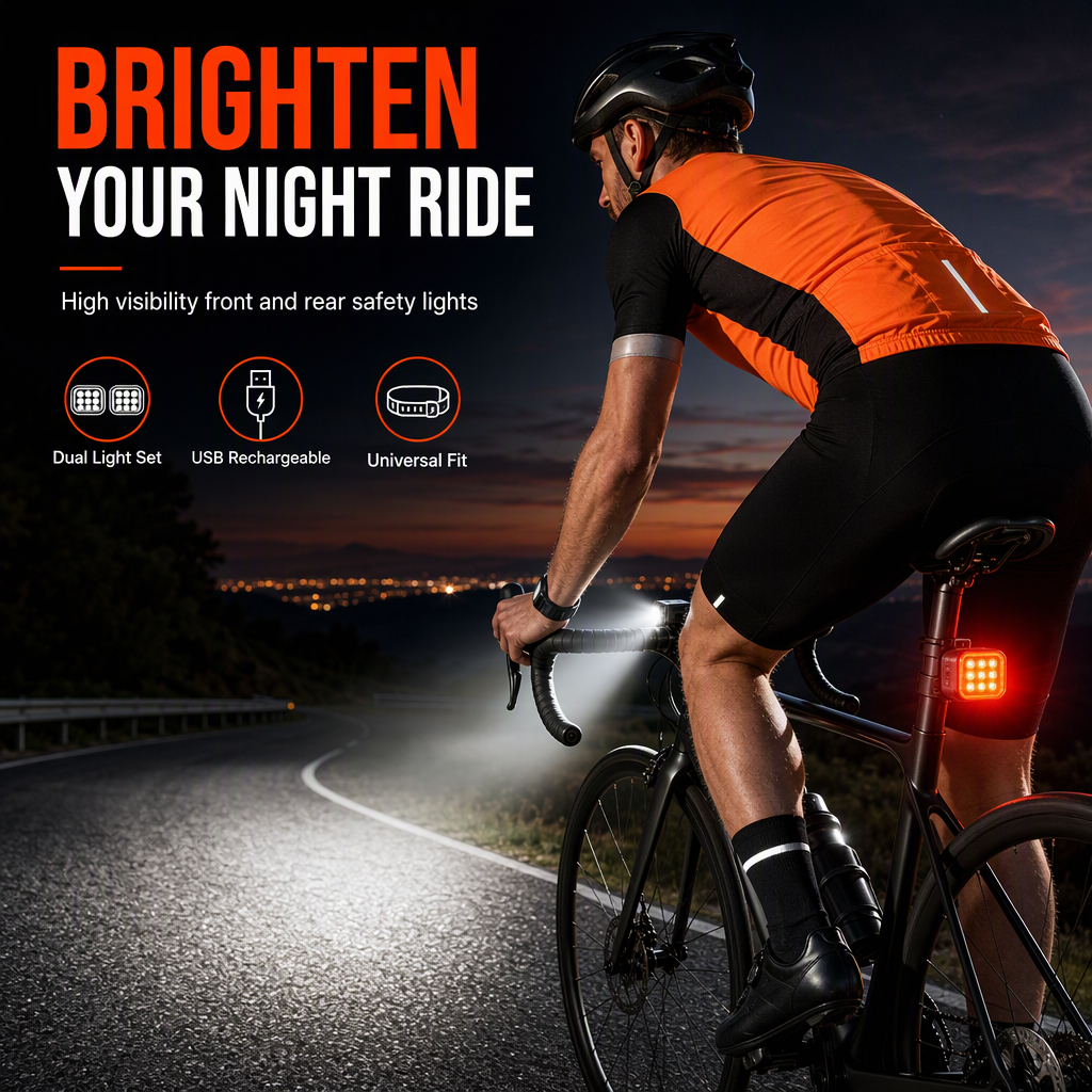 RideBright LED Bike Safety Lights – High-Visibility White Headlight & Red Warning Taillight, Easy-Mount Night Cycling Accessories