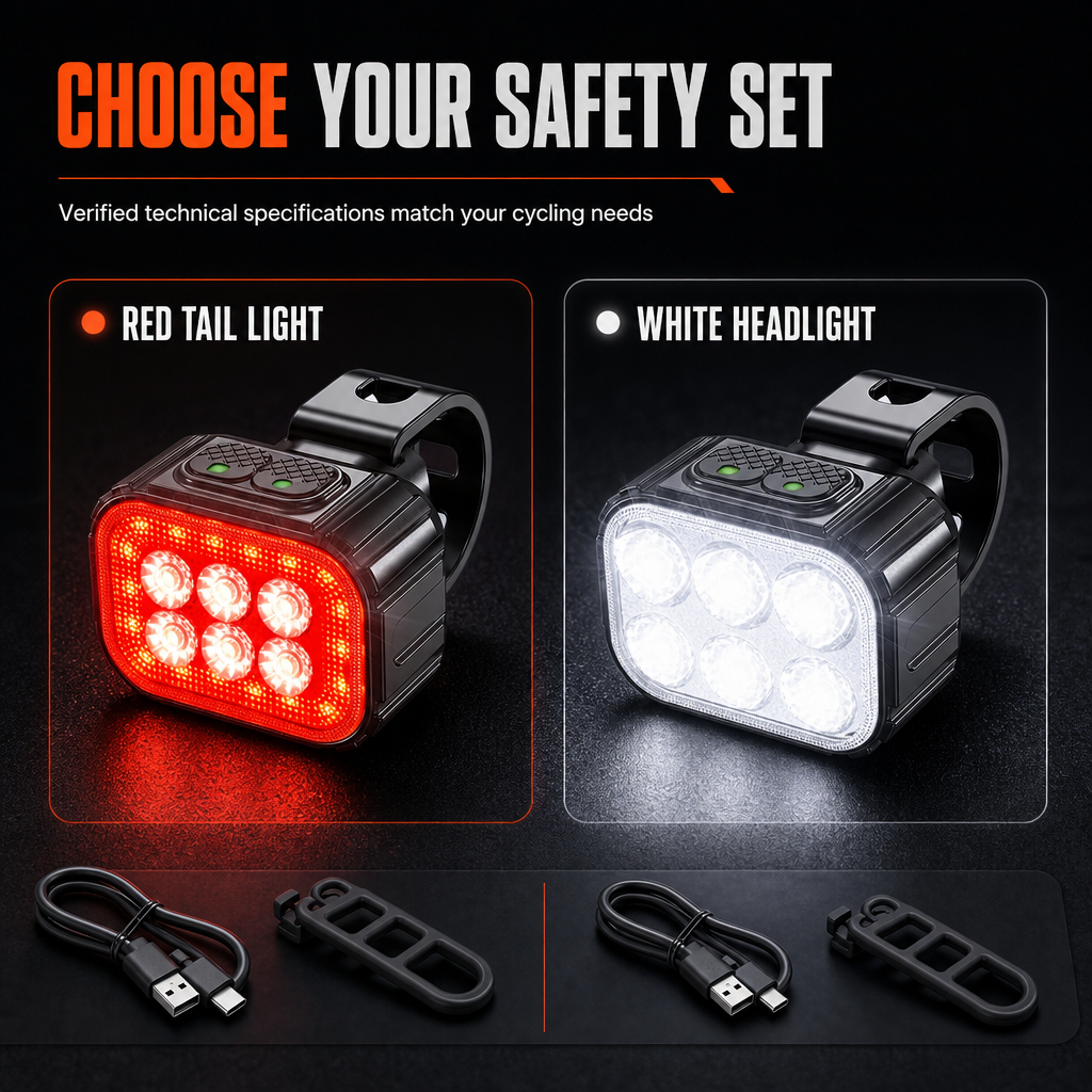 RideBright LED Bike Safety Lights – High-Visibility White Headlight & Red Warning Taillight, Easy-Mount Night Cycling Accessories
