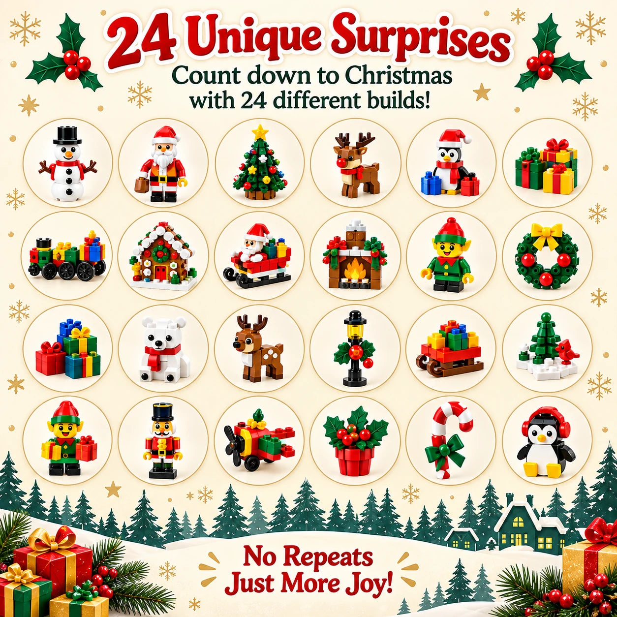 Twenty four unique Christmas building block surprises
