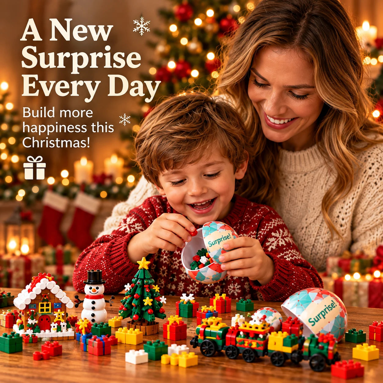 Child opening a surprise egg from the Christmas advent calendar
