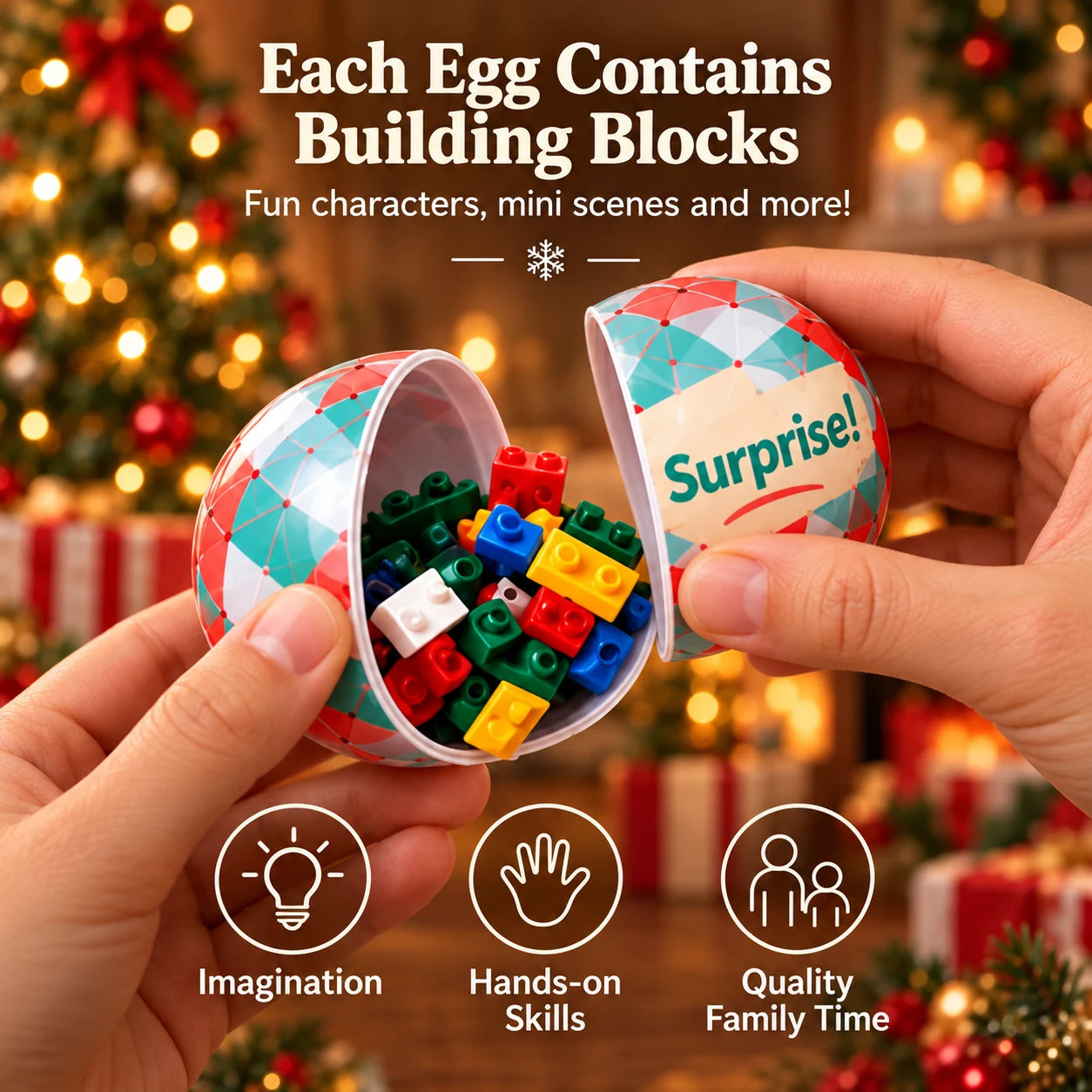Close-up of building blocks inside a surprise egg