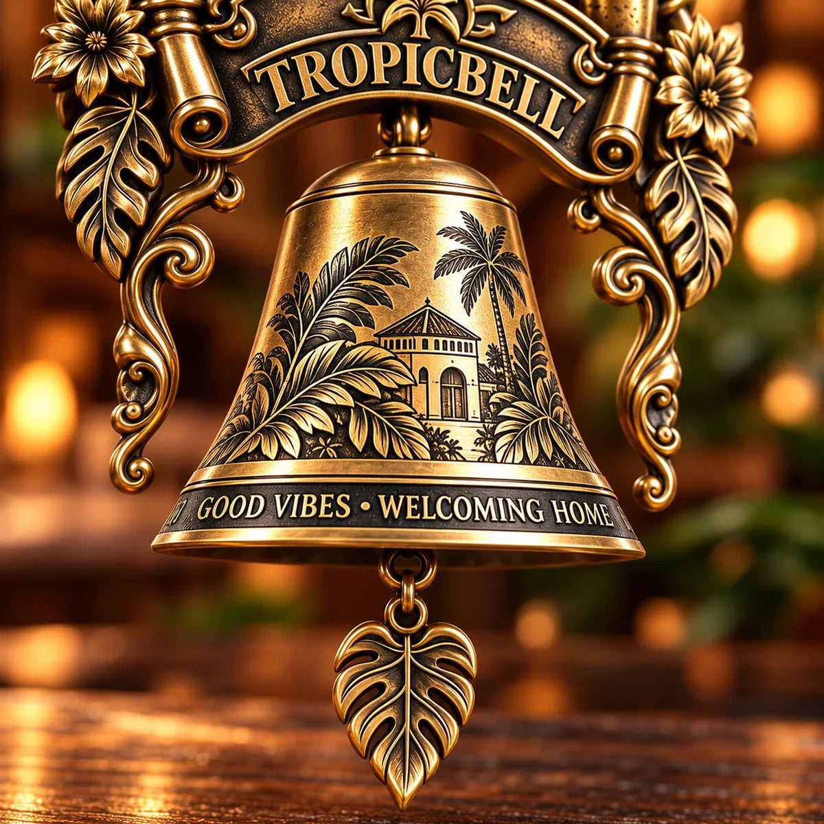 Tropical engraved bell and decorative leaf