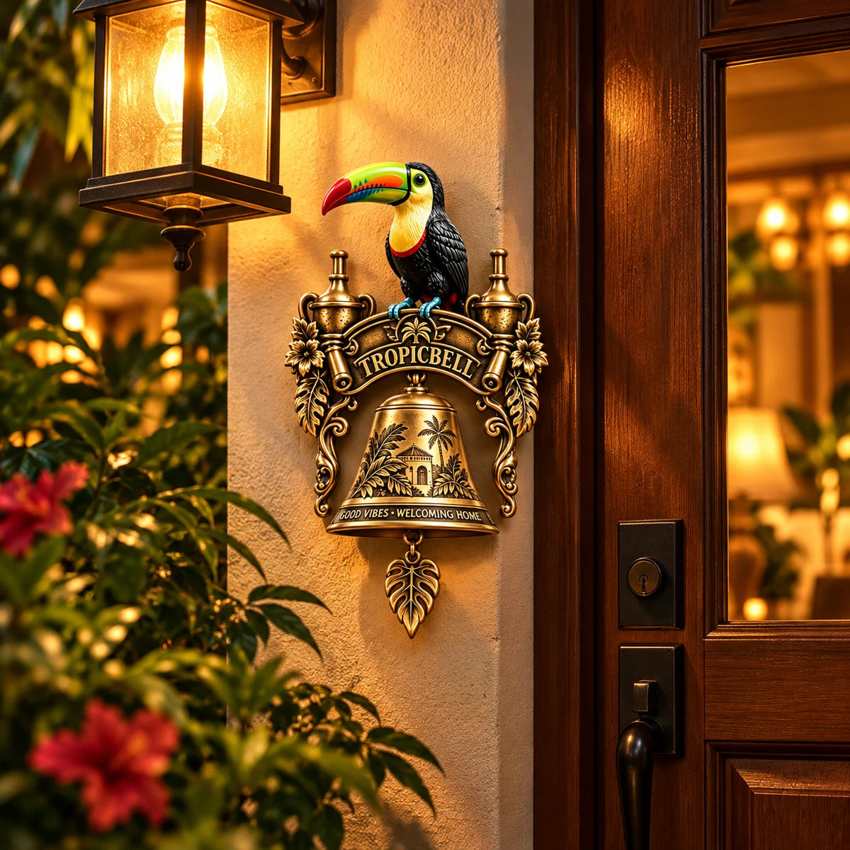 Toucan doorbell at an evening porch