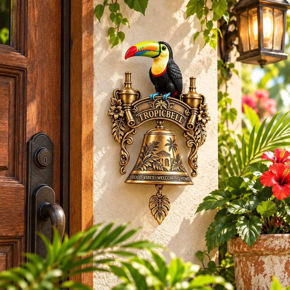 Toucan doorbell in a sunny garden entryway
