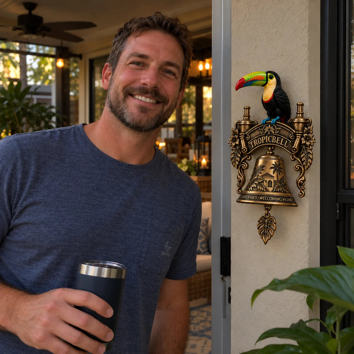 Man next to Tropicbell on front porch