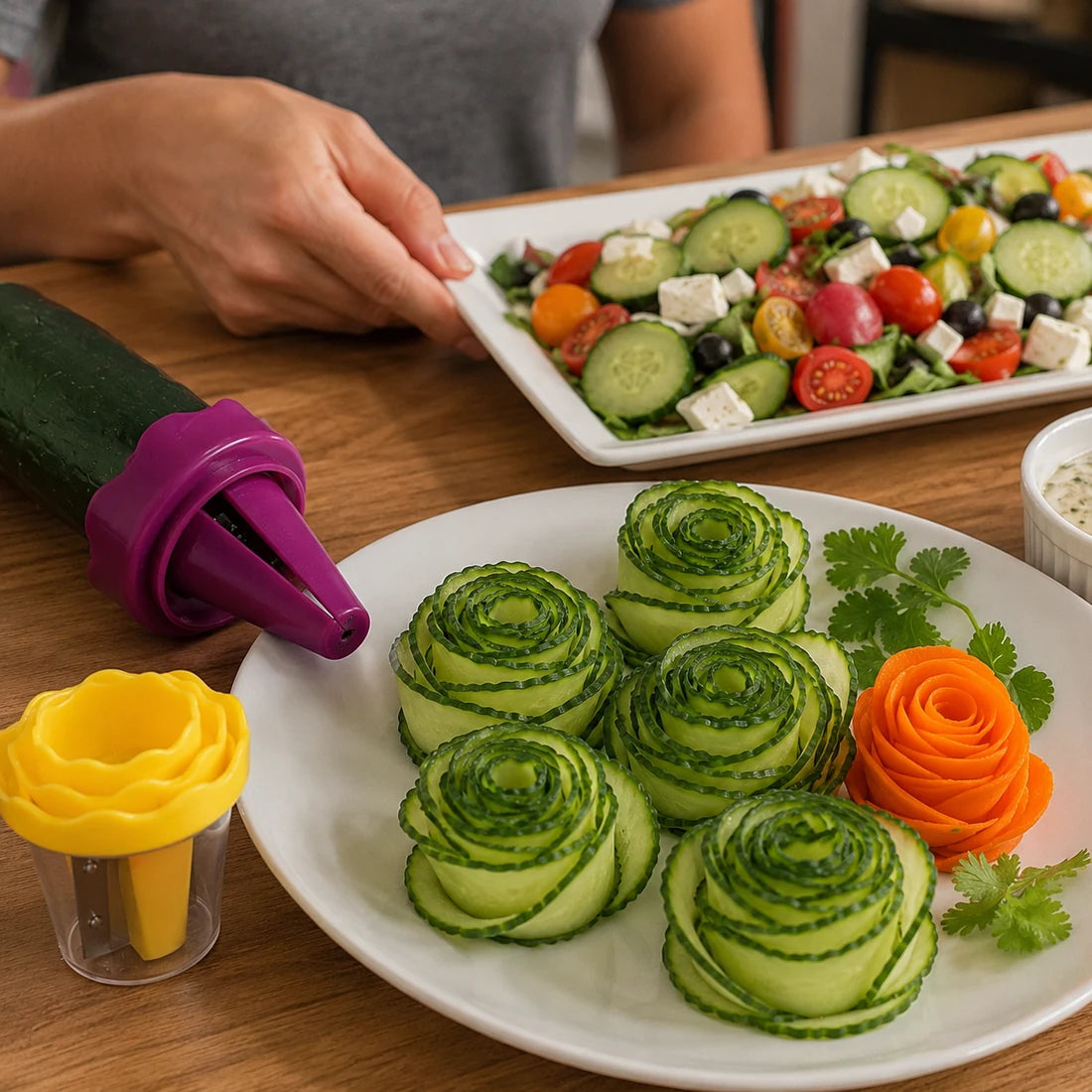 Vegetable roses served on a plate with the spiralizer