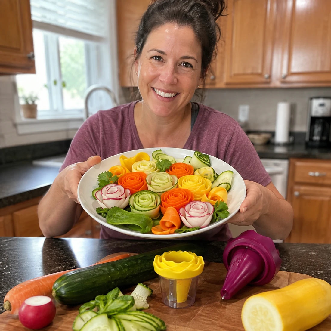 Home cook holding a platter of colorful vegetable roses