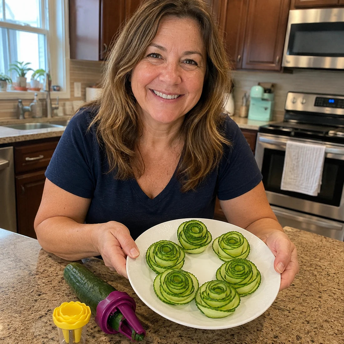 Customer showing cucumber roses made with the manual vegetable spiralizer