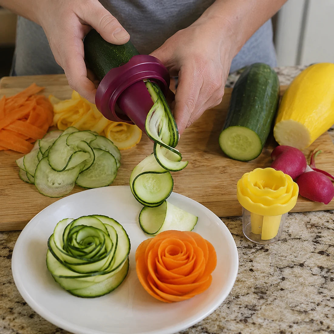 Close‑up of the manual vegetable curler creating a cucumber ribbon