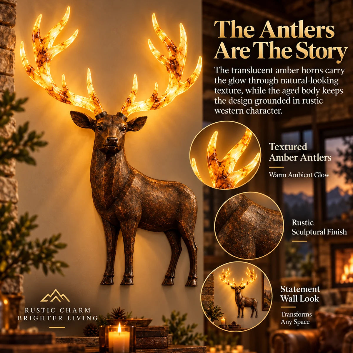 Close-up details of glowing amber antlers and rustic sculptural body