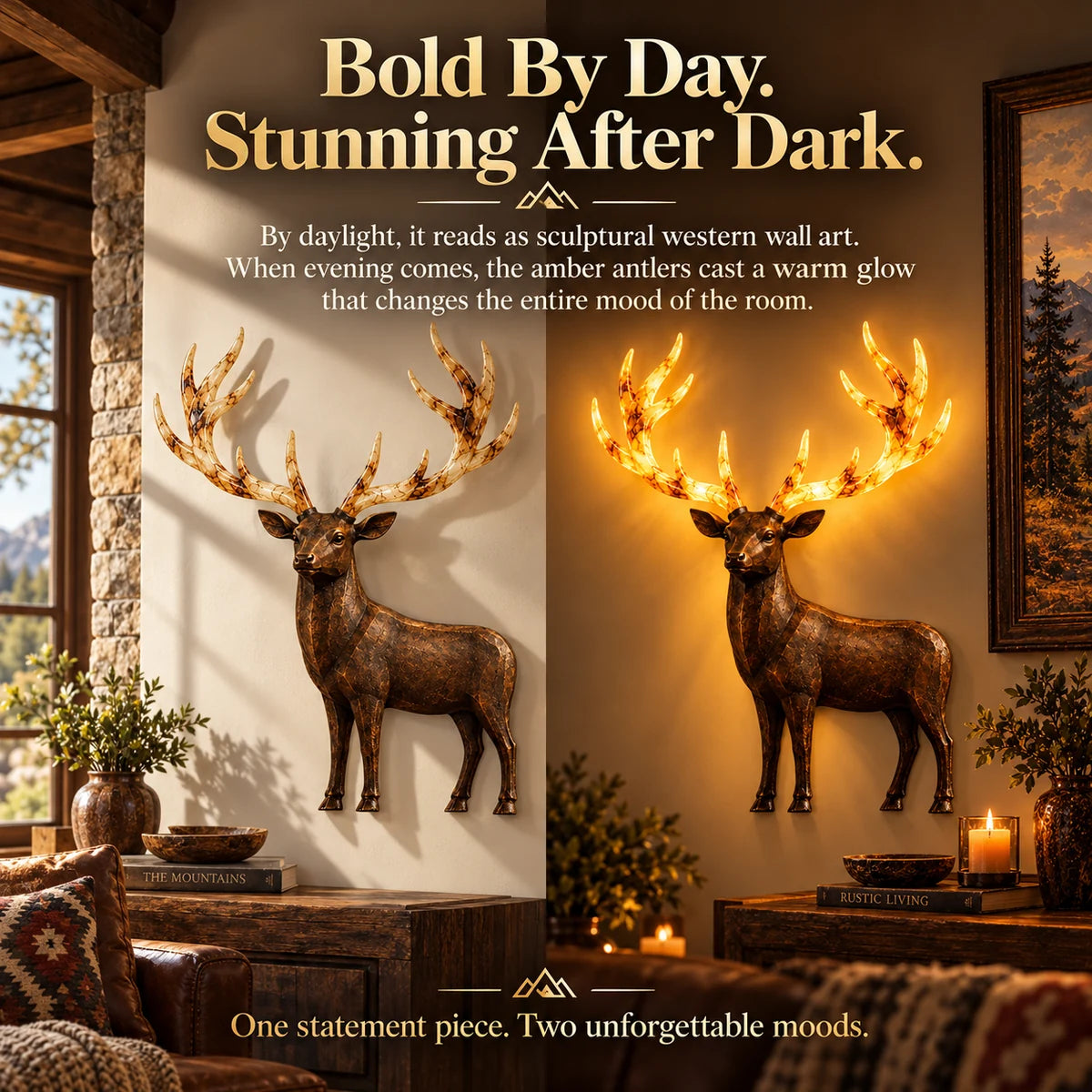 Day and night view of glowing deer wall art