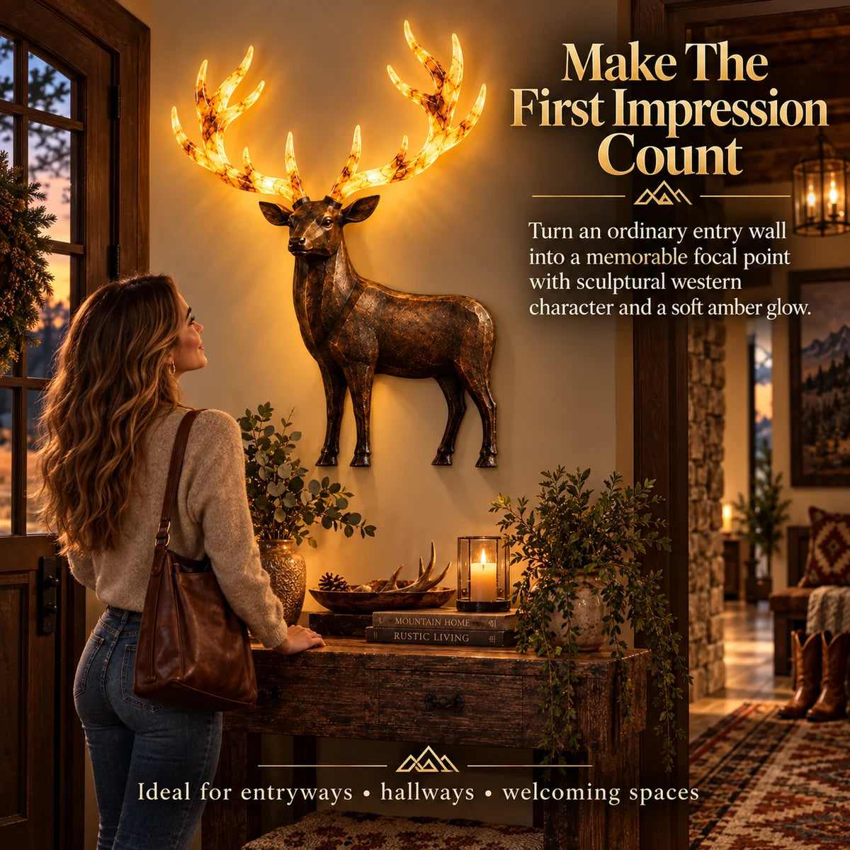 Glowing deer wall art displayed in an entryway