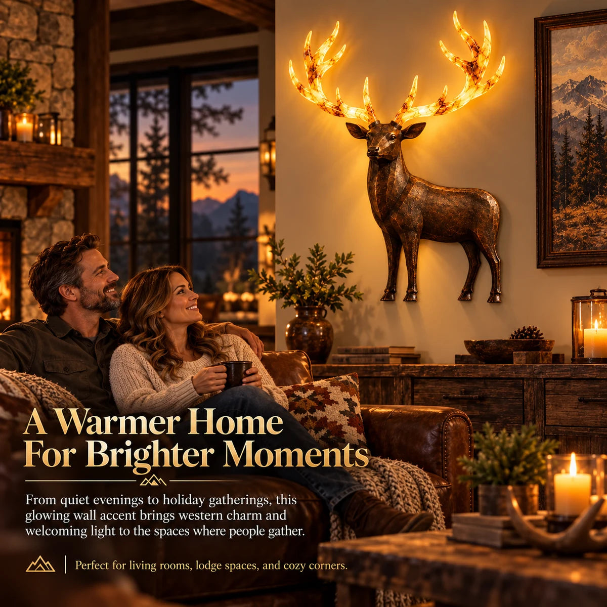Glowing deer wall art adding warmth to a living room