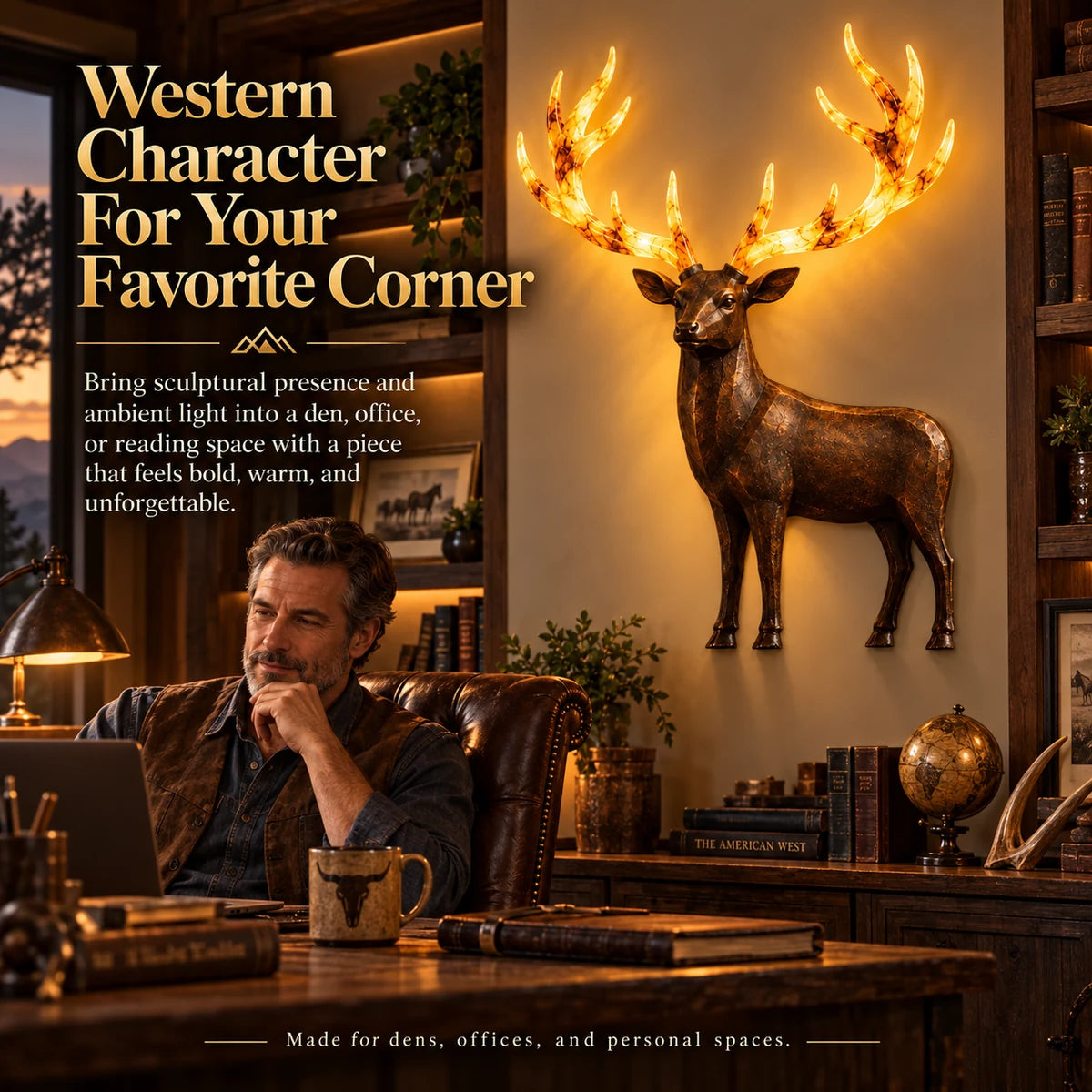 Glowing western deer wall art in an office or den