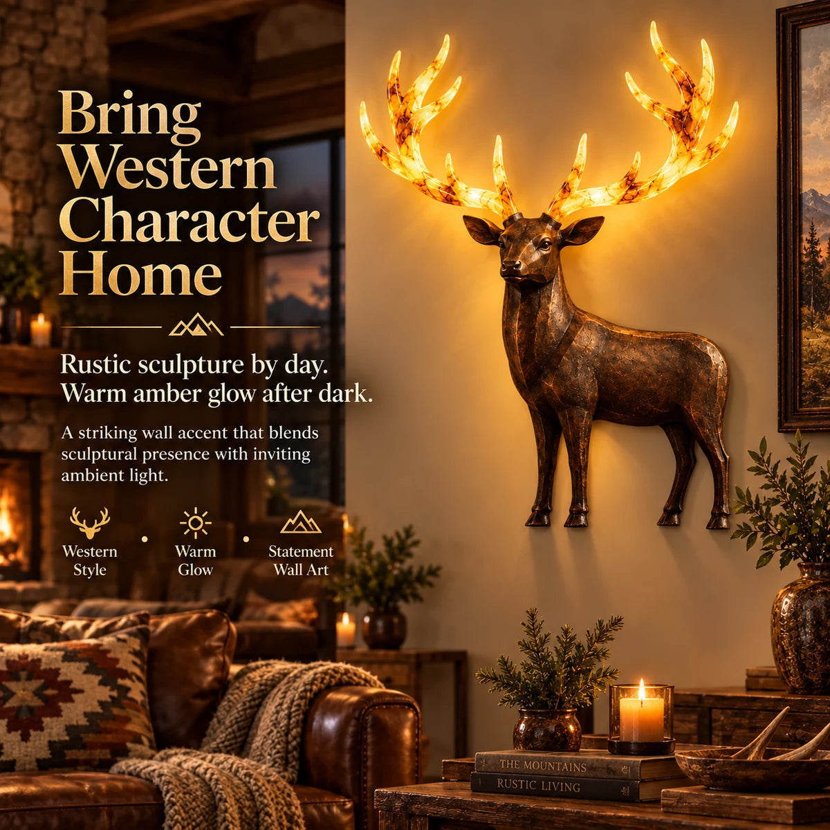 Rustic western glowing deer wall art in a cozy lodge-inspired room