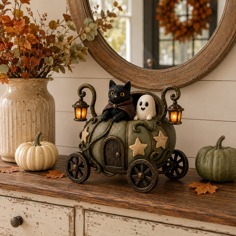 Whimsical pumpkin carriage styled on an entryway console