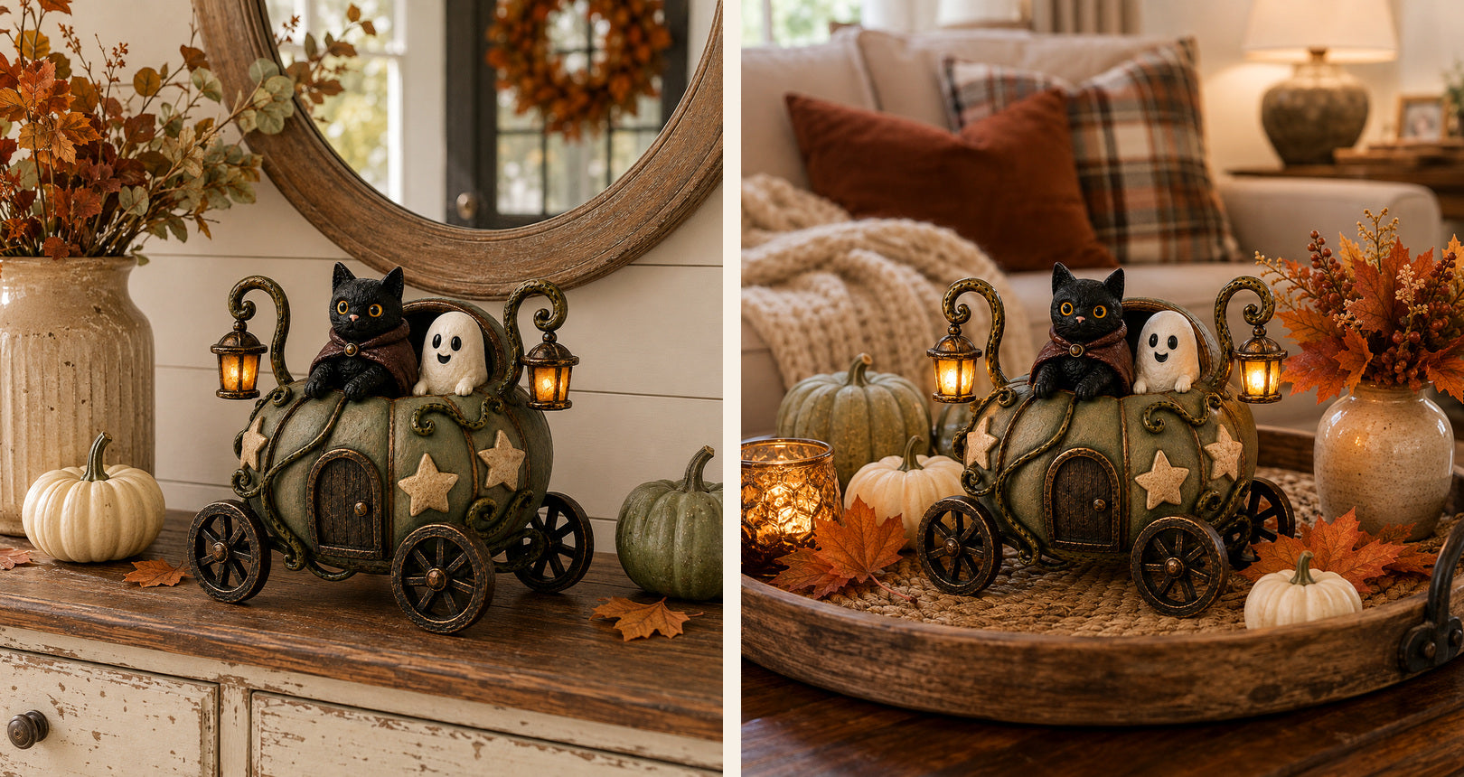 Whimsical lighted pumpkin carriage decor styled in autumn home scenes
