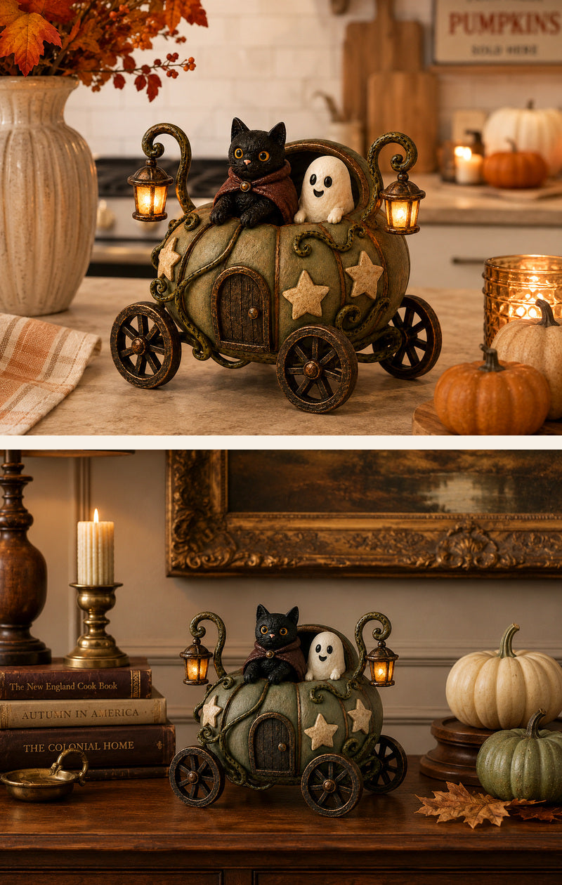 Whimsical pumpkin carriage tabletop decor in cozy autumn styling