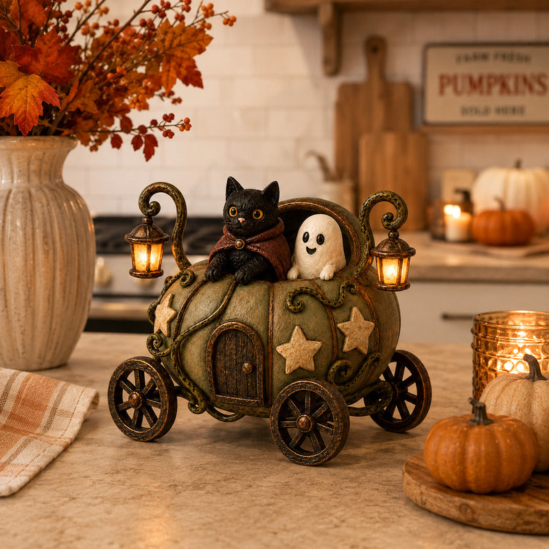 Pumpkin carriage styled on a kitchen counter with autumn decor