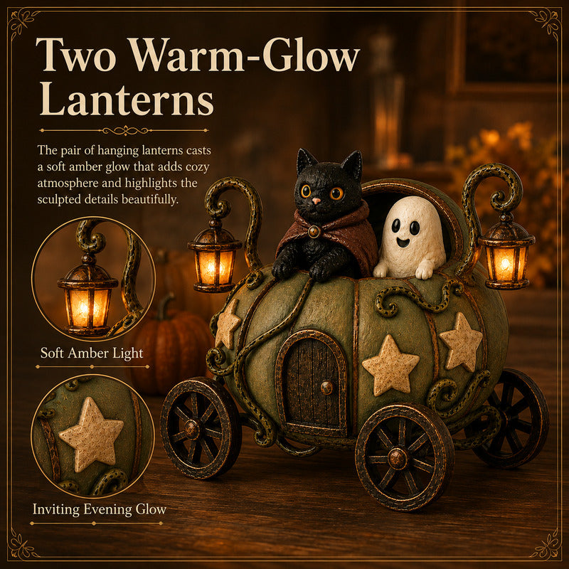 Feature image showing the warm glow lanterns on the pumpkin carriage