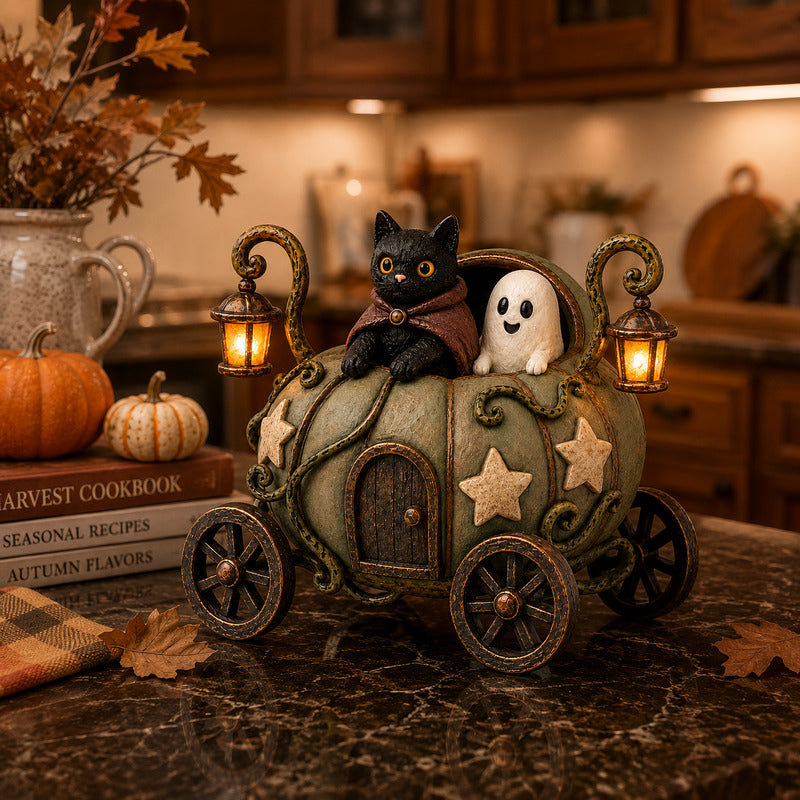 Pumpkin carriage decor displayed on a dark tabletop