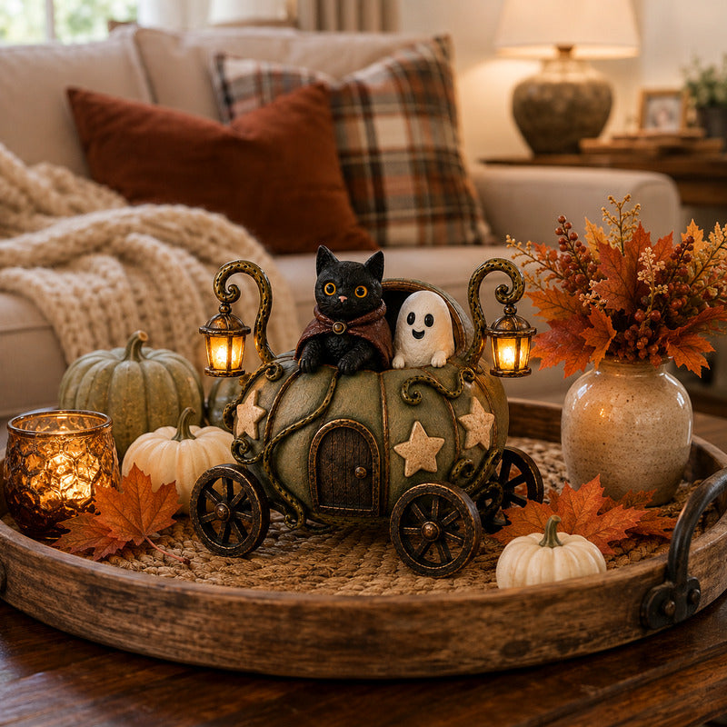 Pumpkin carriage styled on a cozy coffee table tray